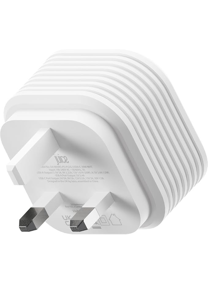 جوس شاحن JUICE بقدرة 30 واط مع منفذين USB – محول جداري للشحن السريع مزود بمنفذي USB-A وUSB-C مع دعم Power Delivery، مناسب للهواتف والأجهزة اللوحية والأجهزة الأخرى، بتصميم مدمج مع تقنية القبضة الآمنة، باللون الأبيض. - Image 2